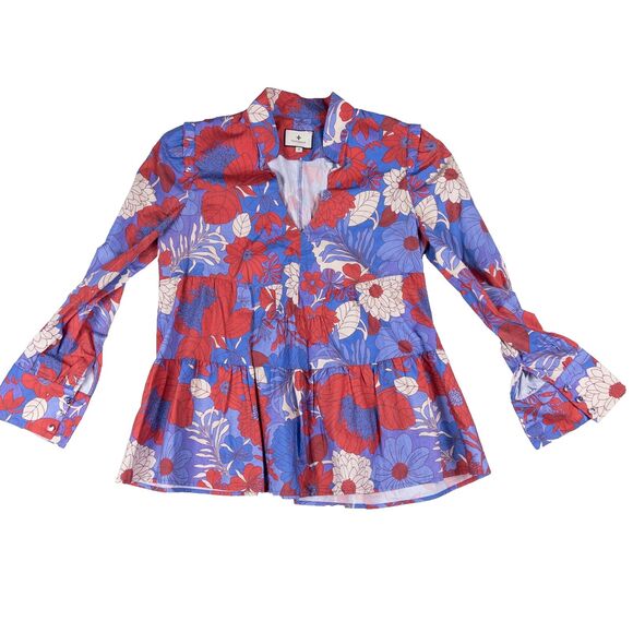 Tuckernuck Bristol Top Blue Rhapsody Floral V Neck Long Sleeve‎ Blouse M - Picture 3 of 7